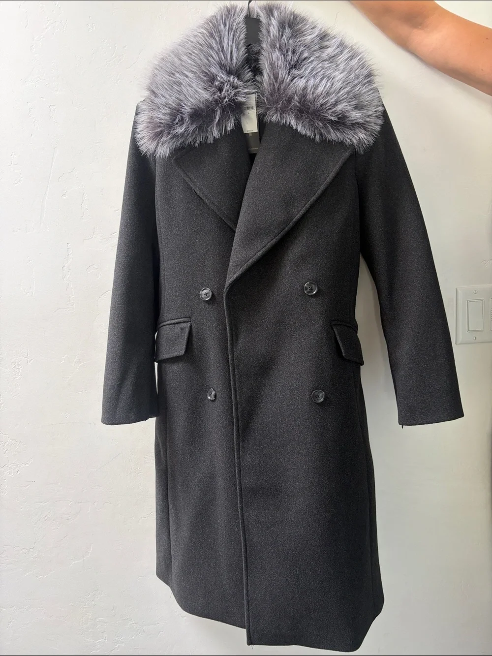 Banana Republic Men's Charcoal Double-Breasted Pea Coat with Faux Fur Collar